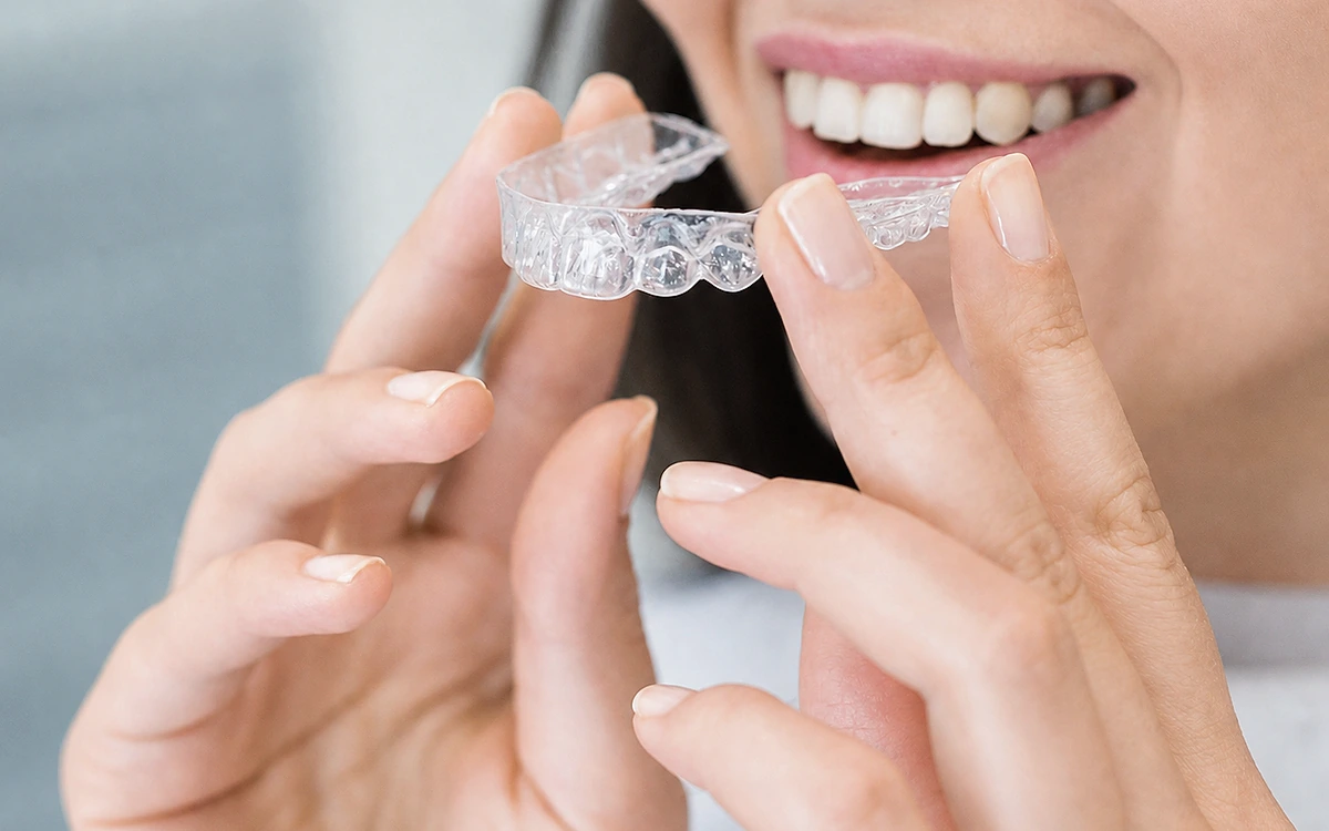 Transparente Aligner-Schiene in den Händen einer Patientin