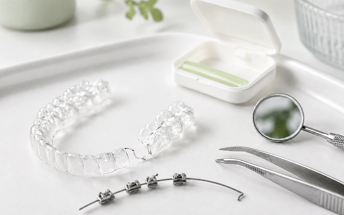 Beschädigte transparente Zahnschiene und gelöster Bracketbogen neben kieferorthopädischen Instrumenten
